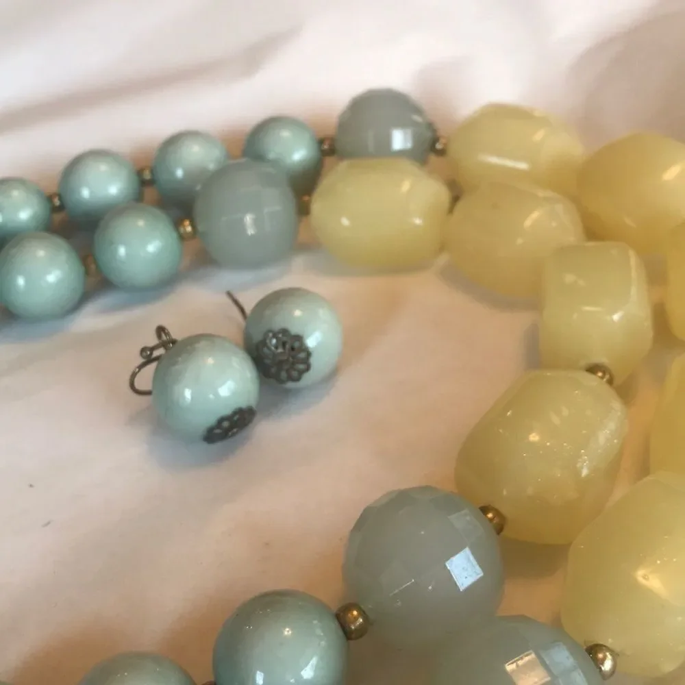 Yellow and Light Blue Beaded Necklace & Earrings!!